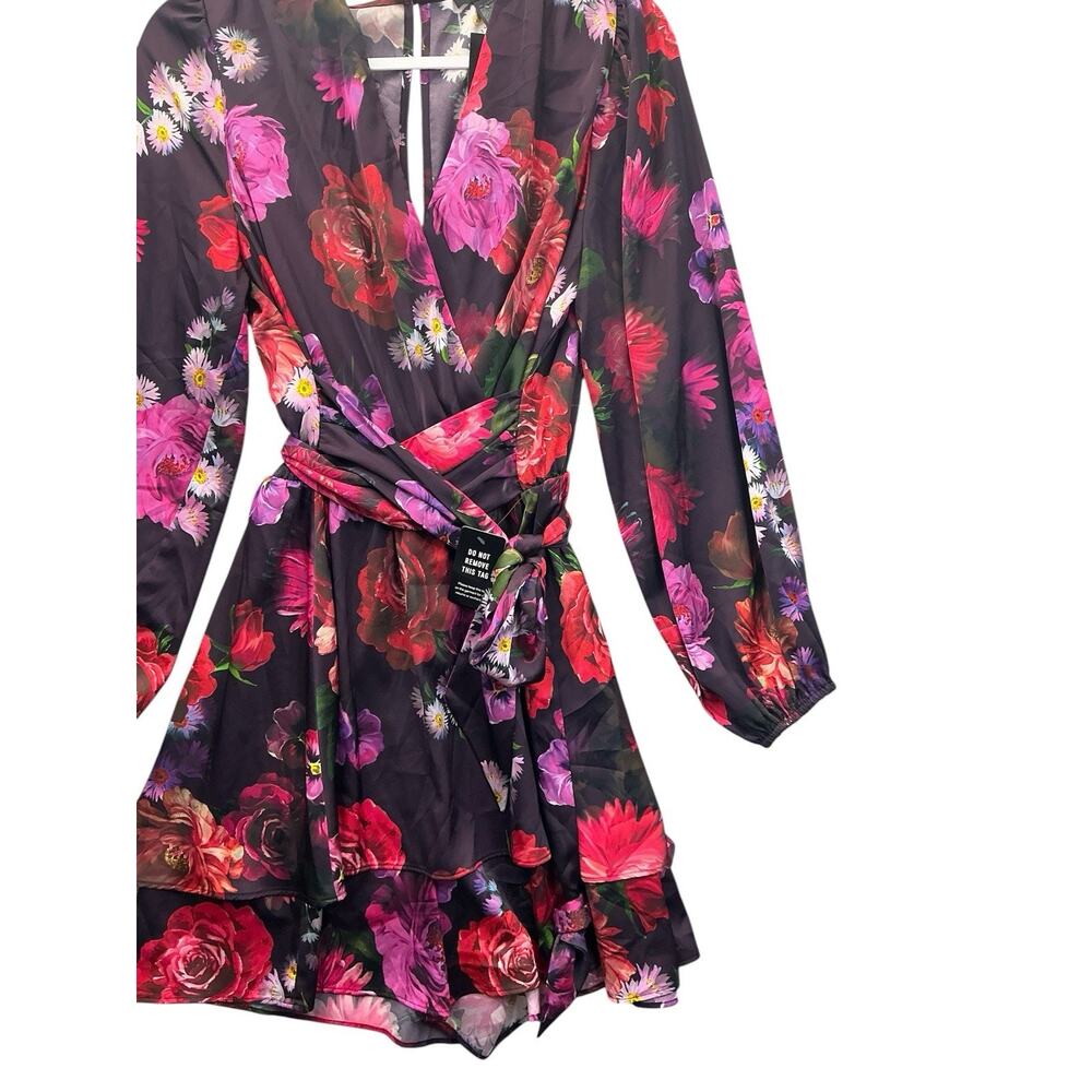 EXPRESS Floral V Neck Long Sleeve Tie-Belt Romper Party Dress Sz.L New NWT - Picture 5 of 11